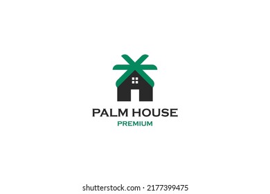 Diseño del logotipo de la casa de palmeras planas para la ilustración de un vector