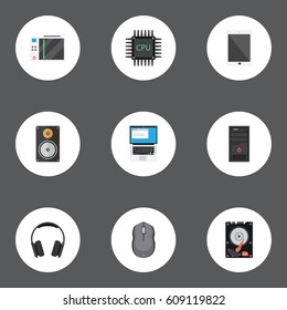 Flat Palmtop, Hard Disk, Processor And Other Vector Elements. Set Of Notebook Flat Symbols Also Includes Amplifier, Earmuff, Game Objects.