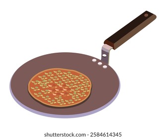 Flat pan with wooden handle cooking pancake or dosa, kitchen cookware for baking and frying
