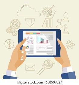 Flat panel design is in the hands of business people with statistical information presented in the form of charts.Financial analysis, statistics,surveys and research, and icons. vector illustration.