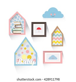 Flat panels nursery. Vector panels with shelves, houses and pictures in frames.