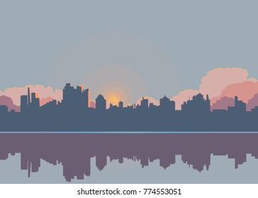 Flat panorama of city at sunset or dawn with pink clouds and reflection