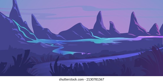 Flat panorama of mountains on the background of the horizon, a river flowing in the valley. Alien landscape.