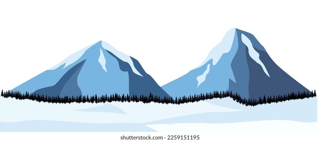 Flat panoramic cartoon of iceberg, snow and mountains on horizon background