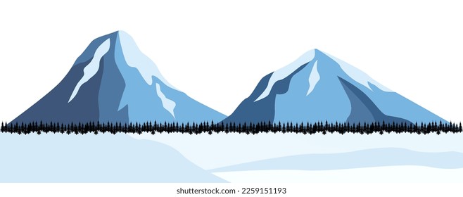 Flache Panoramakartoon auf Winter-, Schnee-, Wald- und Berglandschaft auf horizem Hintergrund