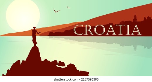 Flat panoramic landscape. Background silhouette of Croatia. Silhouette of mountains and sea on a colorful background. Vector illustration.