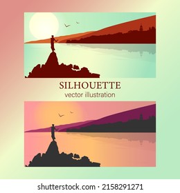 Flat panoramic landscape. Background silhouette of Croatia. Silhouette of mountains and sea on a colorful background. Vector illustration.