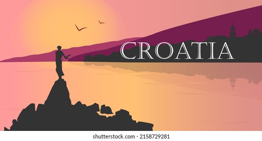 Paisaje panorámico plano. Silueta de fondo de Croacia. La silueta de las montañas y el mar sobre un fondo colorido. Ilustración vectorial.