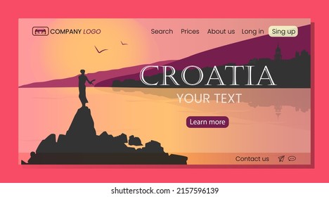 Flat Panoramic Landscape.  Landing Page Or Banner Template. Background Silhouette Of Croatia. Vector Illustration.