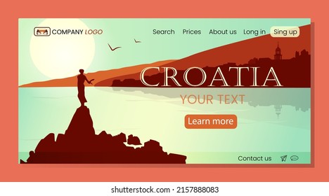 Flat Panoramic Landscape.  Landing Page Or Banner Template. Background Silhouette Of Croatia. Vector Illustration.