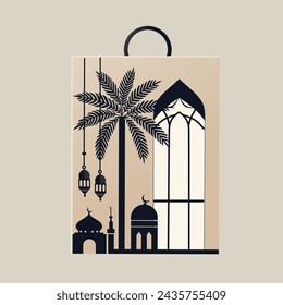 diseño de bolsa de papel plana para el mes de Ramadán, diseño para una bolsa de papel temática de Ramadán, ilustración de un simple saludo de Ramadán 