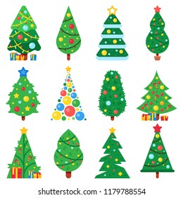 Flat paper christmas tree. Winter holidays trees decorated star, Xmas garlands and new year toys gift icon. Fir decoration of balls and star cartoon vector isolated symbol collection