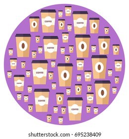 Flat paper coffee cup in circle. Large and small sizes. Coffee take away. Vector illustration
