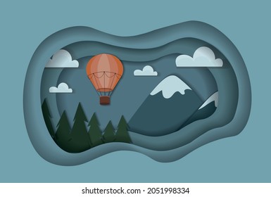 Flat Paper Cut Hot Air Baloon In Mountains. Pine Forest Silhouette On The Foreground.