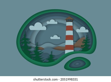 Flat paper cut light house that shows the right way. Pines silhouette.