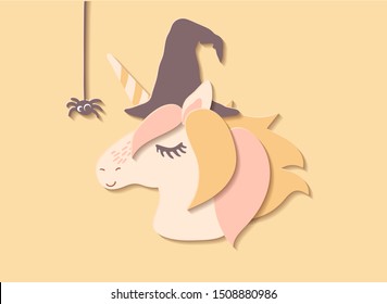 Flat paper cut style cartoon cute character unicorn in witch hat. Hand drawn vector illustration, Happy Halloween card template.