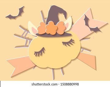 Flat paper cut style cartoon cute character pumpkin unicorn in witch hat. Hand drawn vector illustration, Happy Halloween card template.