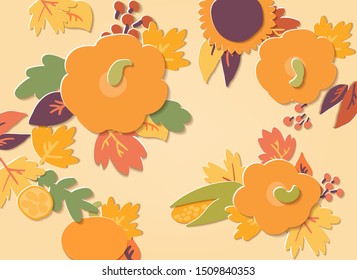 Flat paper cut style cute pumpkin, sunflower, corn, cranberry and autumn maple leafs background. Hand drawn vector illustration, Happy Thanksgiving card template.