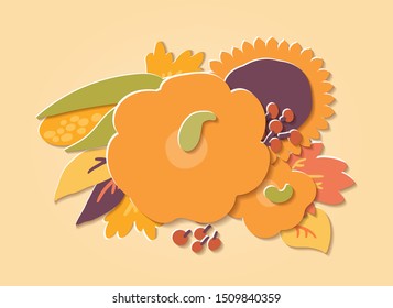 Flat paper cut style cute pumpkin, sunflower, corn, cranberry and autumn maple leafs background. Hand drawn vector illustration, Happy Thanksgiving card template.