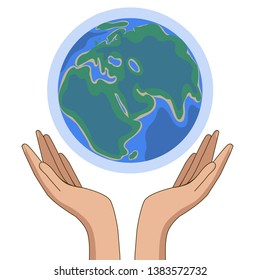 Flat paper cut style icon of two hands holding Earth. Vector illustration