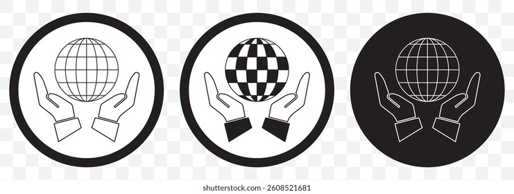 Flat paper cut style icon of two hands holding Earth. Vector illustration on Transparent Background. EPS 10.
