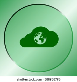 Flat paper cut style icon of a cloud with globe inside. Vector illustration
