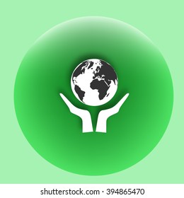 Flat paper cut style icon of two hands holding Earth. Vector illustration
