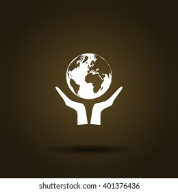 Flat paper cut style icon of two hands holding Earth. Vector illustration