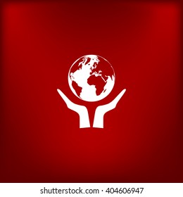 Flat paper cut style icon of two hands holding Earth. Vector illustration