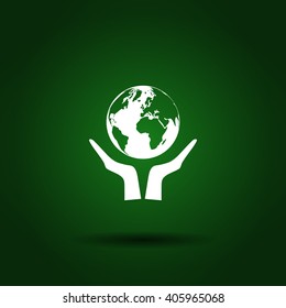 Flat paper cut style icon of two hands holding Earth. Vector illustration