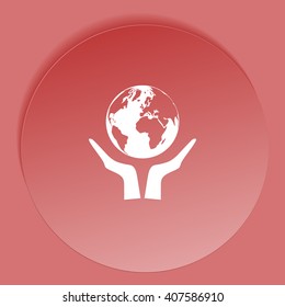 Flat paper cut style icon of two hands holding Earth. Vector illustration