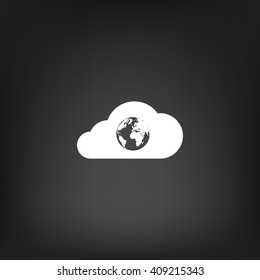 Flat paper cut style icon of a cloud with globe inside. Vector illustration