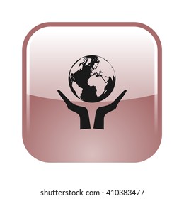 Flat paper cut style icon of two hands holding Earth. Vector illustration