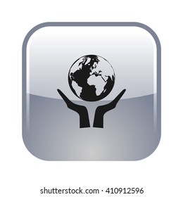 Flat paper cut style icon of two hands holding Earth. Vector illustration