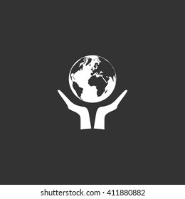 Flat paper cut style icon of two hands holding Earth. Vector illustration