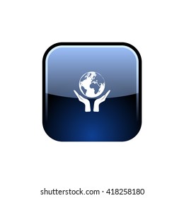 Flat paper cut style icon of two hands holding Earth. Vector illustration