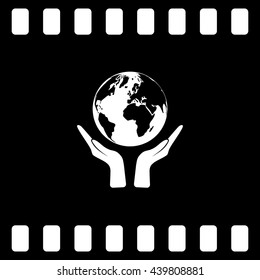 Flat paper cut style icon of two hands holding Earth. Vector illustration