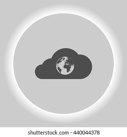Flat paper cut style icon of a cloud with globe inside. Vector illustration