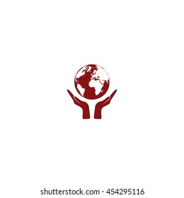 Flat paper cut style icon of two hands holding Earth. Vector illustration