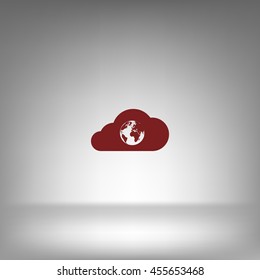 Flat paper cut style icon of a cloud with globe inside. Vector illustration