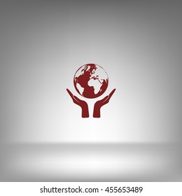 Flat paper cut style icon of two hands holding Earth. Vector illustration