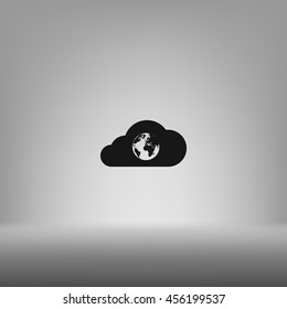 Flat paper cut style icon of a cloud with globe inside. Vector illustration