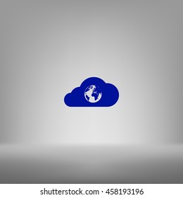Flat paper cut style icon of a cloud with globe inside. Vector illustration