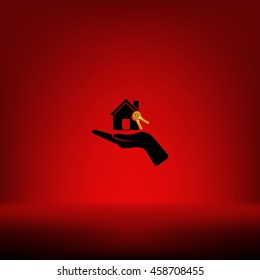 Flat paper cut style icon of home and keys. Vector illustration