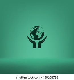 Flat paper cut style icon of two hands holding Earth. Vector illustration