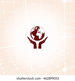 Flat paper cut style icon of two hands holding Earth. Vector illustration