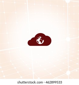 Flat paper cut style icon of a cloud with globe inside. Vector illustration