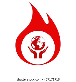 Flat paper cut style icon of two hands holding Earth. Vector illustration