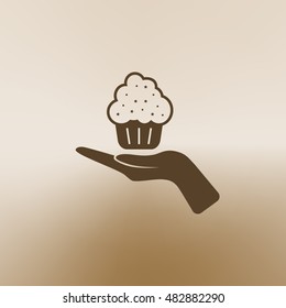 Flat paper cut style icon of cake. Vector illustration