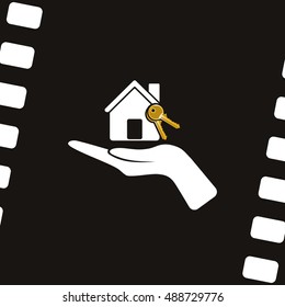 Flat paper cut style icon of home and keys. Vector illustration